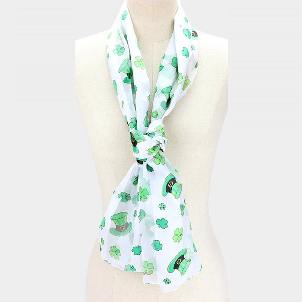 Boutique St Patrick's Day White Satin Striped Shamrock & Hat Pattern Scarf